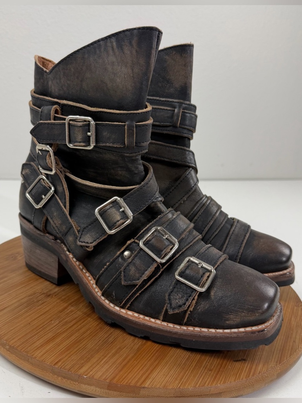 FreeBird “Whiplash” Women's Distressed Black Leather Buckle Ankle Boots